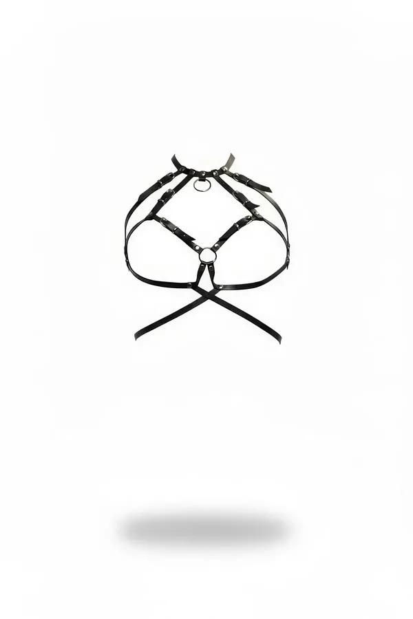 siyah vegan deri çok bantlı vücut harness gümüş O-ring ve ayarlanabilir metal tokalar