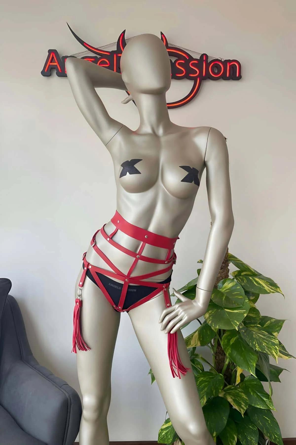 Back view of red PU leather adjustable waist harness with buckle closures