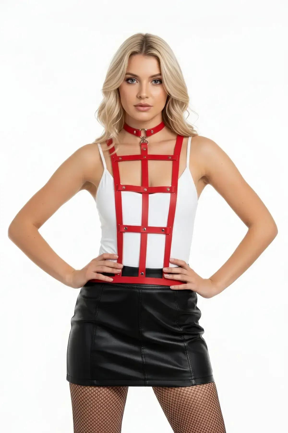 kırmızı kafes harness choker boyun bandı altın O-halka detay
