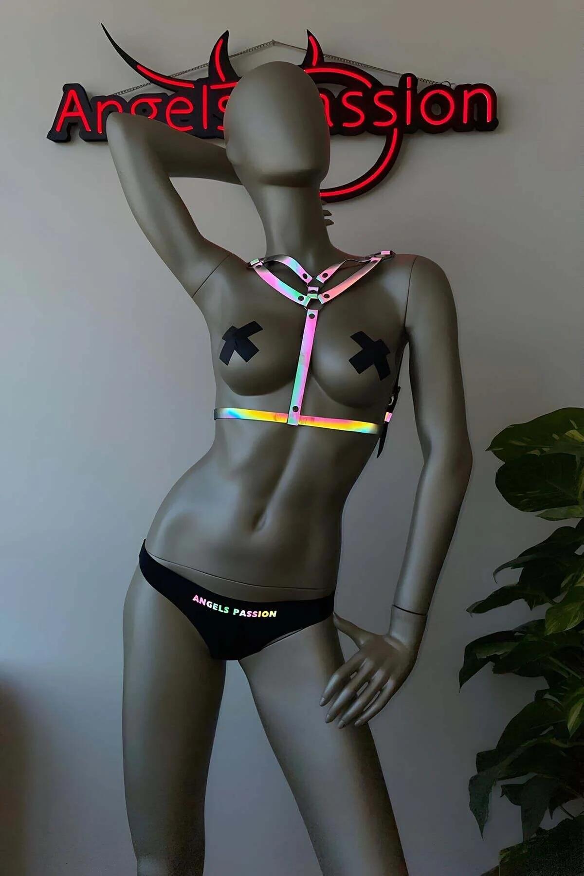 Adjustable slide buckle detail on holographic rainbow chest harness silver-tone metal fittings