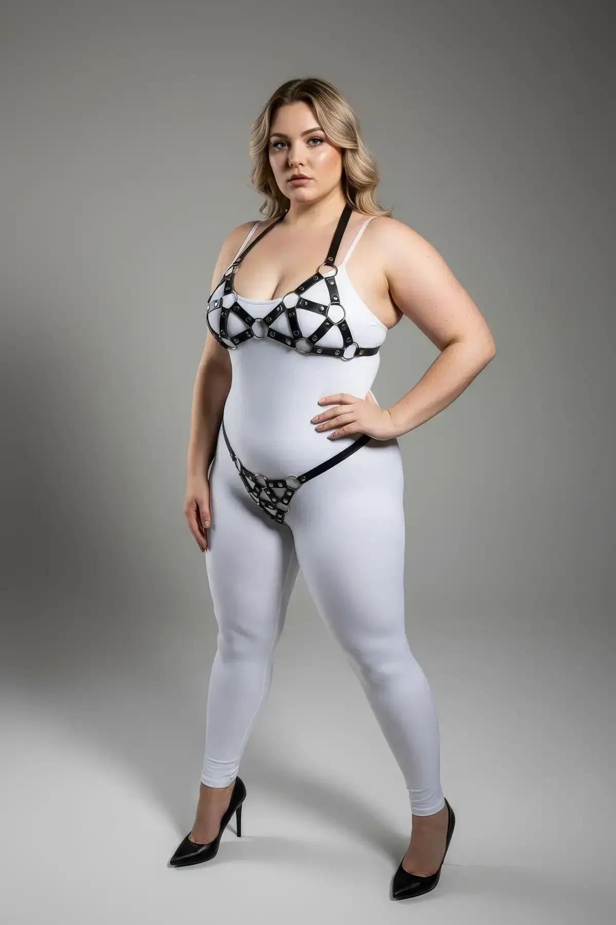 İki parçalı siyah harness set göğüs ve kalça aksesuar beyaz kıyafet üzerinde