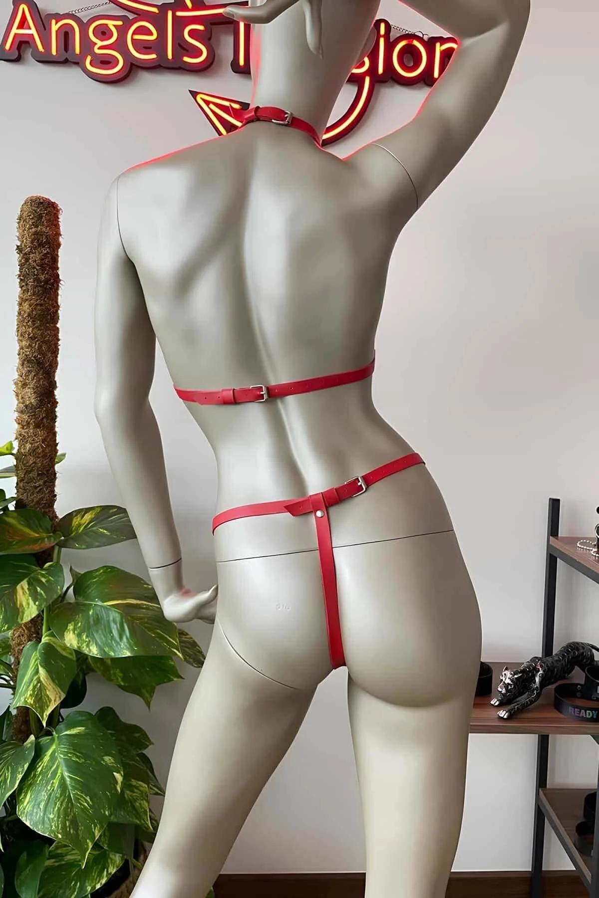 Red strappy thong harness with adjustable hip strap and front O-ring cage panel