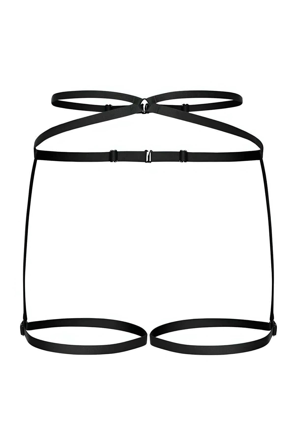 Black elastic harness bralette top with gold chain neckline detail and adjustable shoulder straps