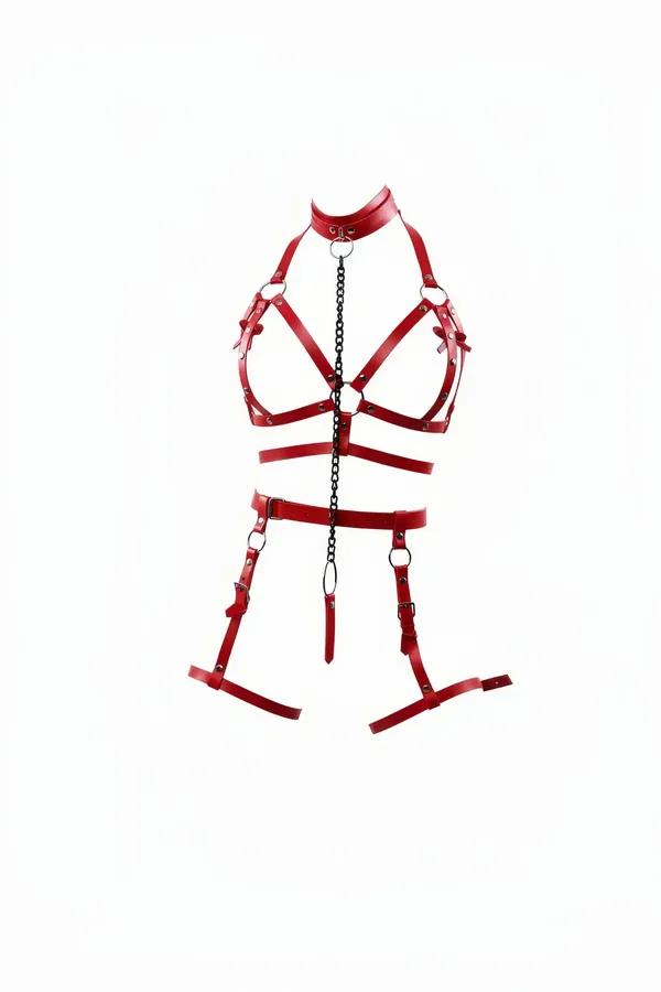 kırmızı vegan deri vücut harness takımı siyah metal zincir ve jartiyer bantlı tam set