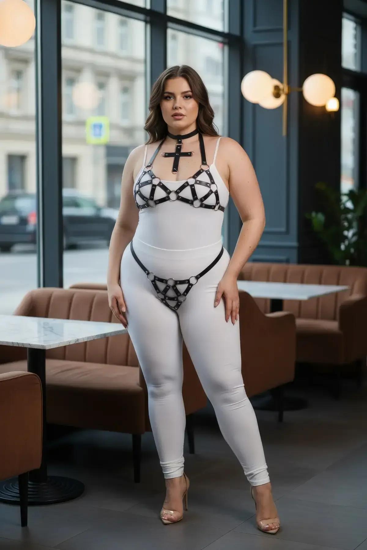 42-52 beden geometrik siyah harness set 3 parça PU deri mat doku