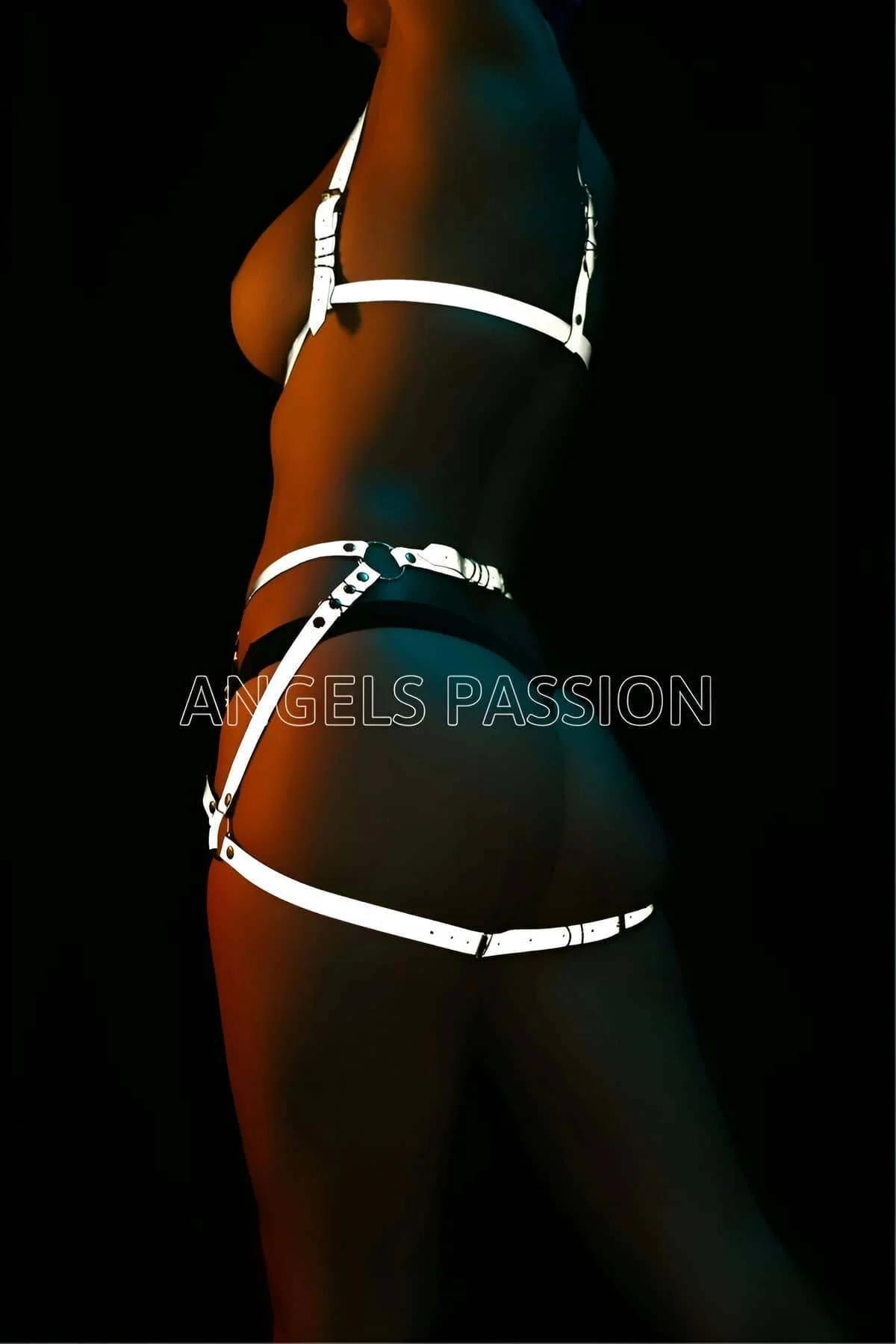 Close-up of retroreflective strap strips on black chest harness with silver roller buckle hardware