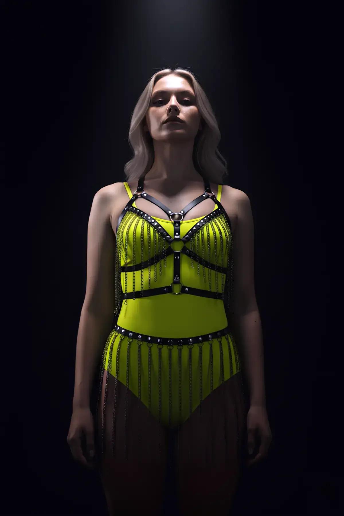 neon yellow harness close-up showing studded rivet detail on black faux leather chest band with hanging chain fringe