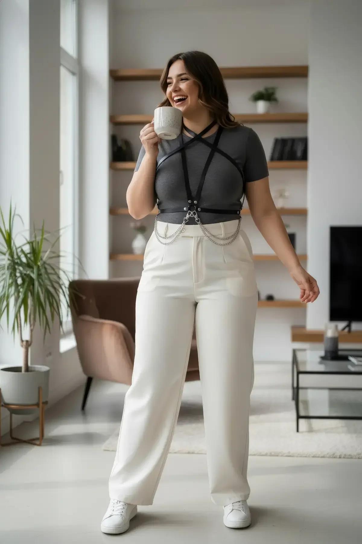 siyah vegan deri harness aksesuar gümüş metal halka ve zincir bel detayı yakın çekim