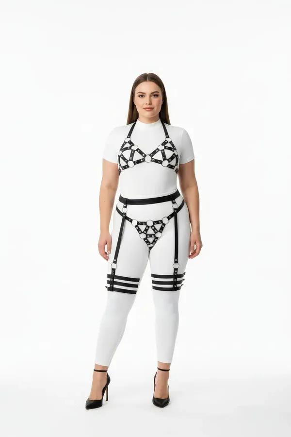 büyük beden siyah vegan deri harness takım jartiyerli beyaz O-ring bağlantılı 4 parça set