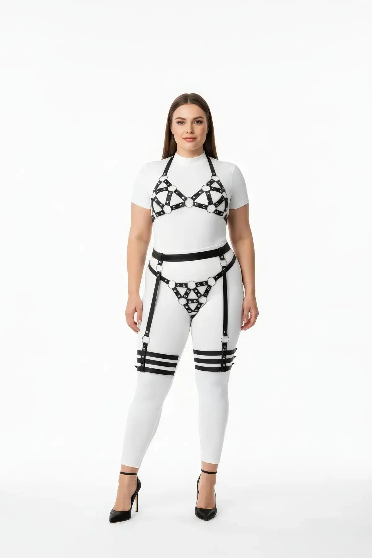 büyük beden siyah vegan deri harness takım jartiyerli beyaz O-ring bağlantılı 4 parça set