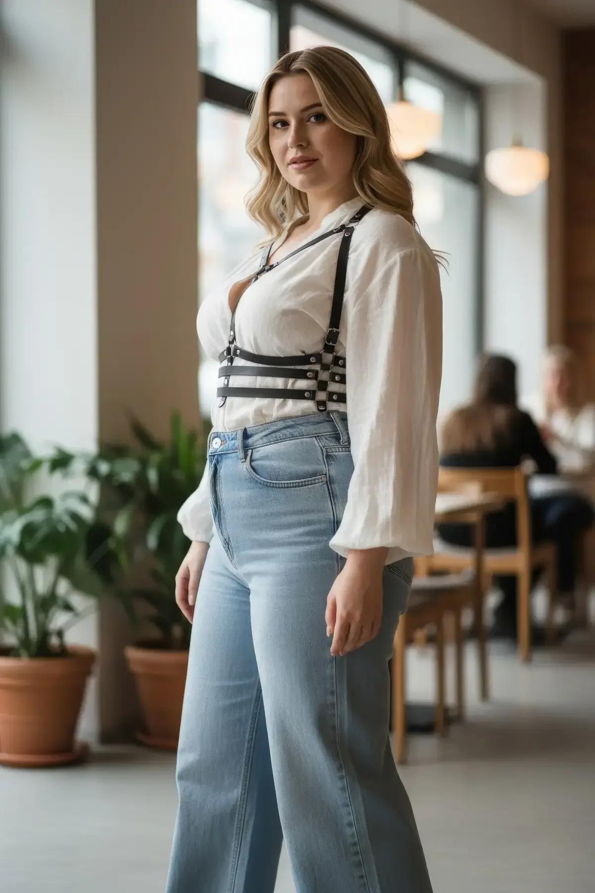 siyah vegan deri harness kayışlar gümüş metal zımba perçin detay yakın çekim