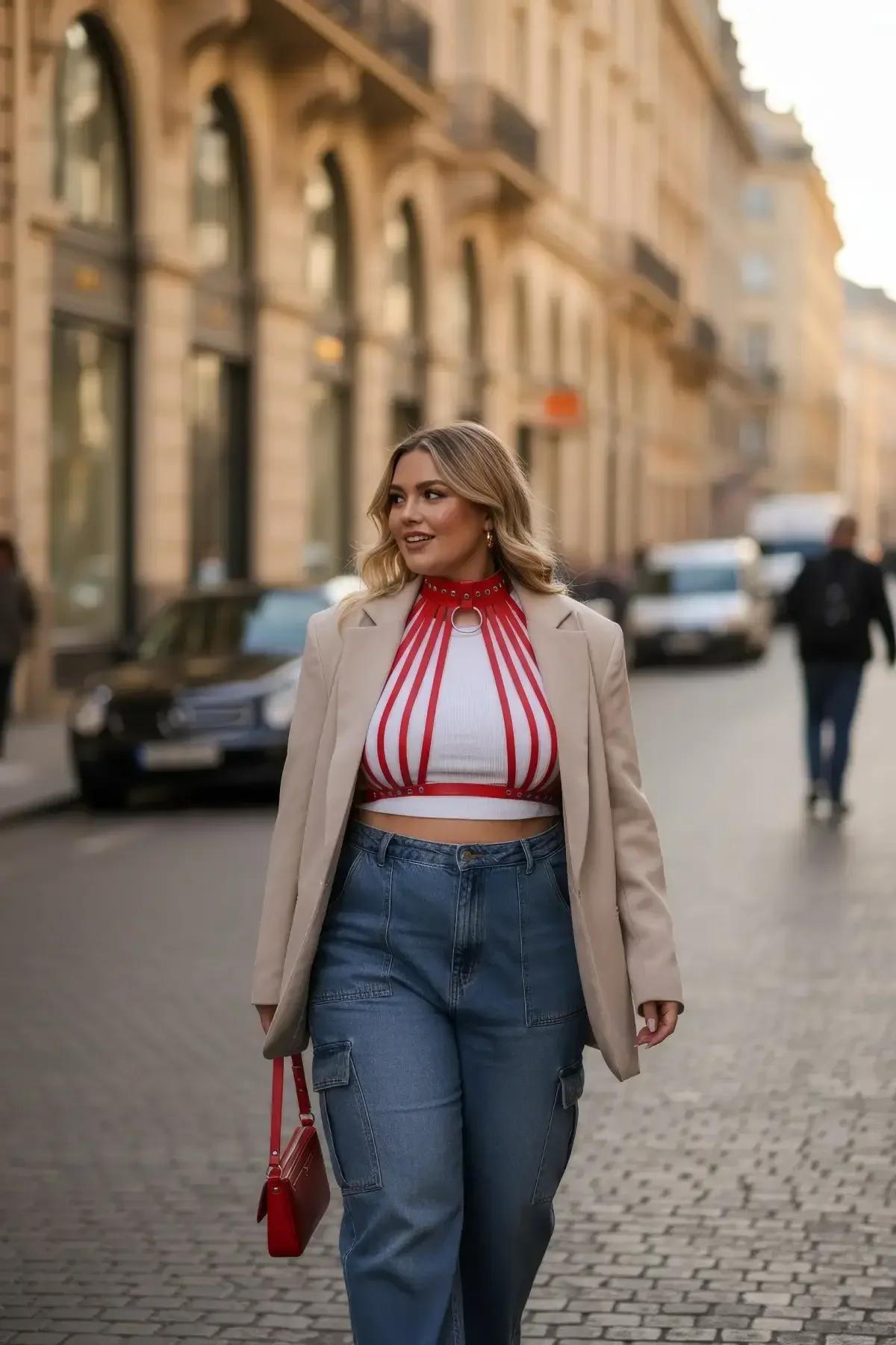Büyük beden kırmızı çok şeritli kemer oversize blazer ve kot pantolon kombininde