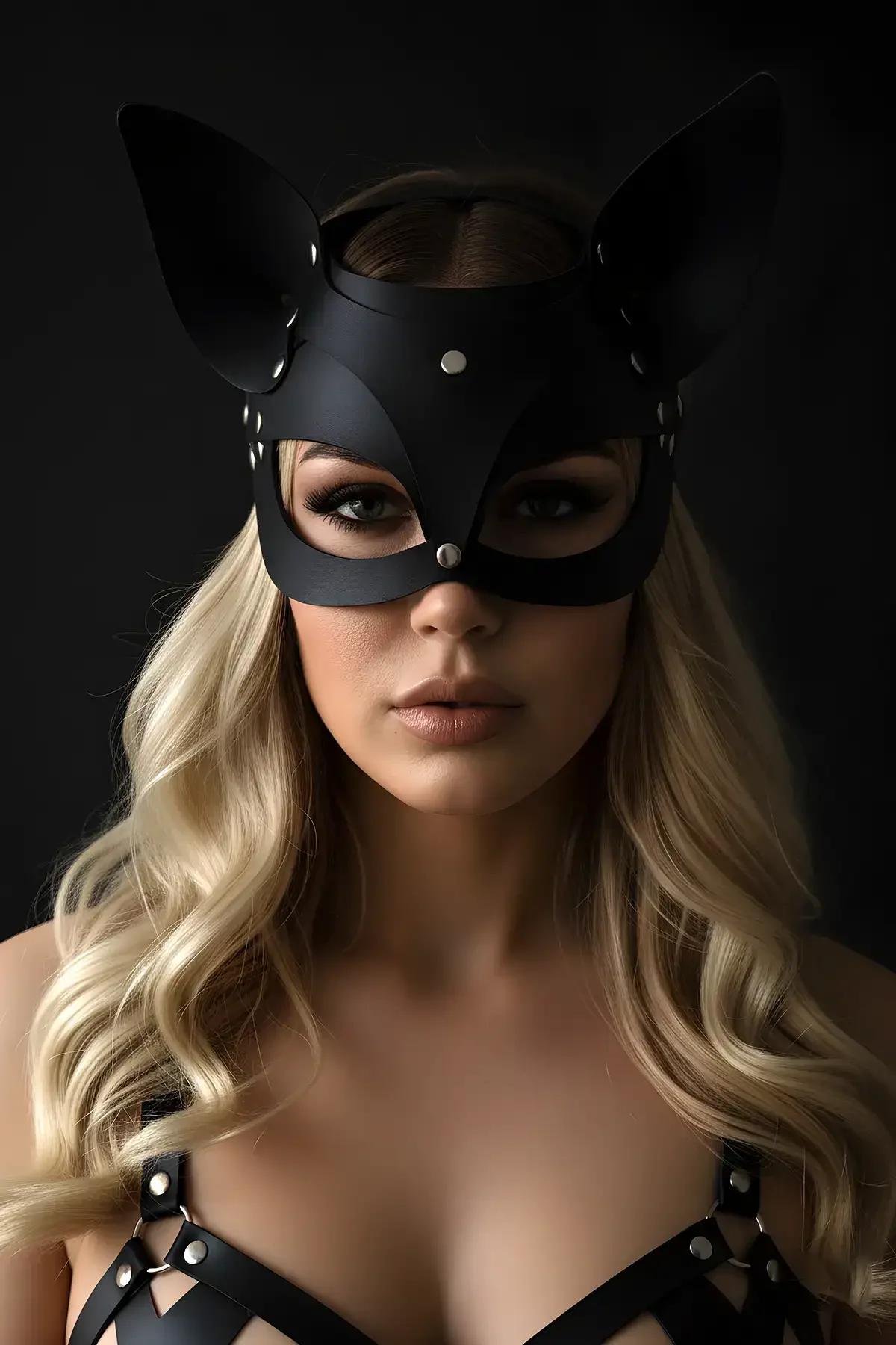 Matte black cat mask with two rigid pointed ears and silver stud clusters, side angle view