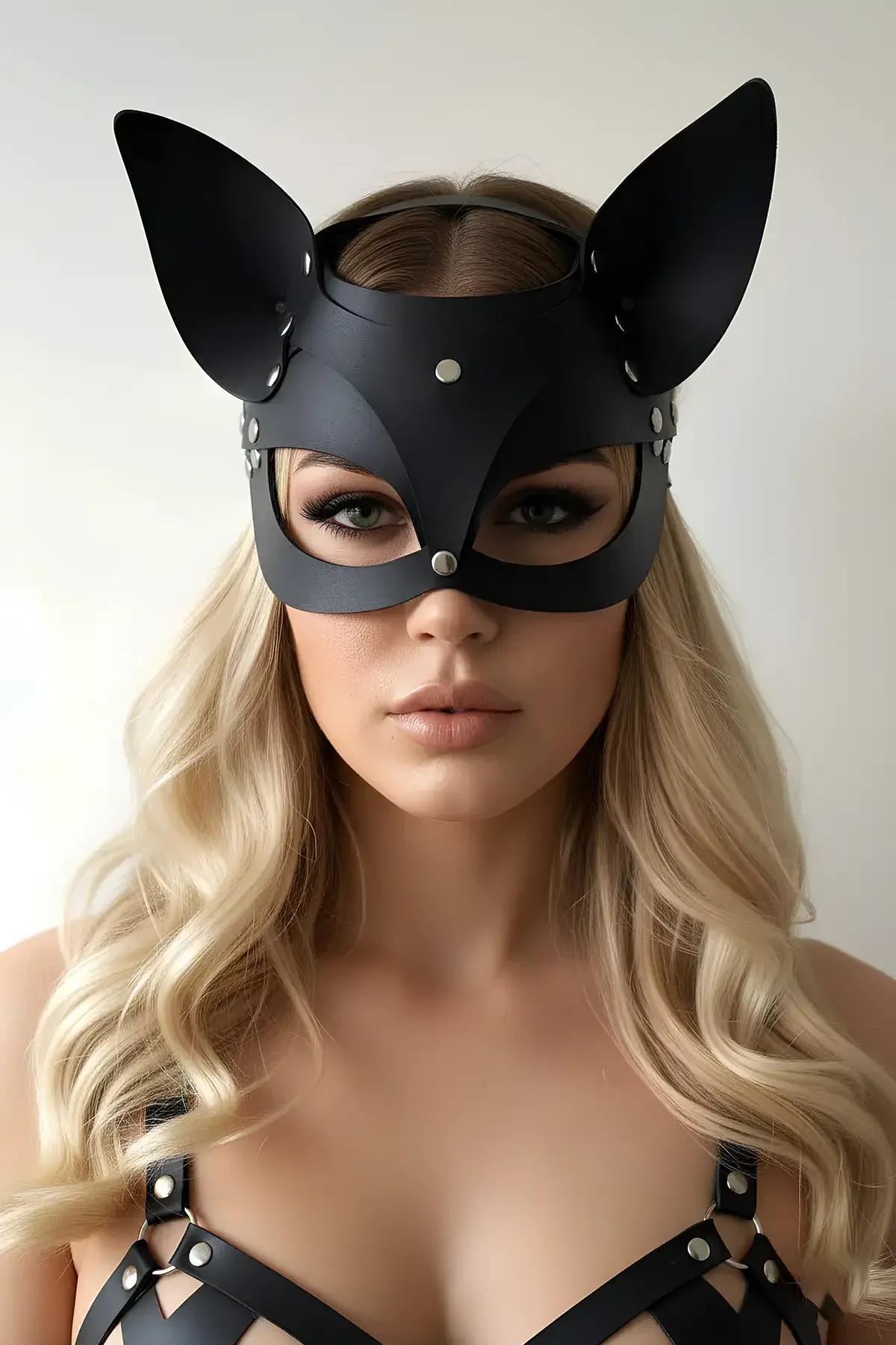 Close-up of silver dome studs on black faux leather cheekpiece of cat half-mask