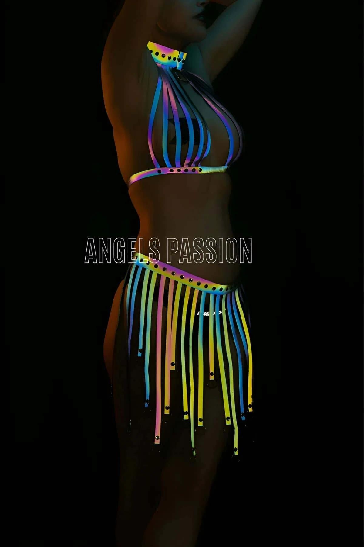 Reflective neon rainbow halter top with choker neckband and vertical strap detail under blacklight
