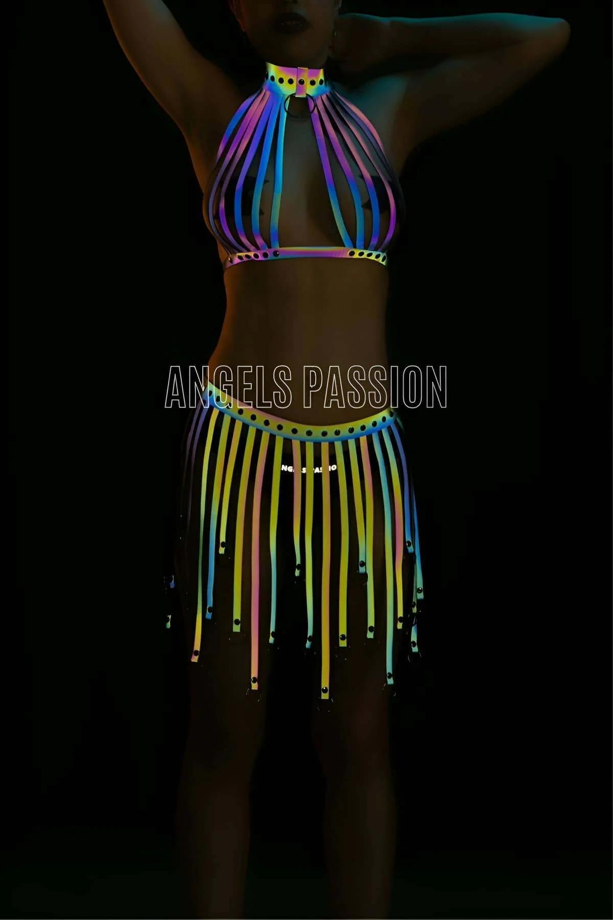Two-piece reflective rave set showing pink purple blue green yellow strap color spectrum