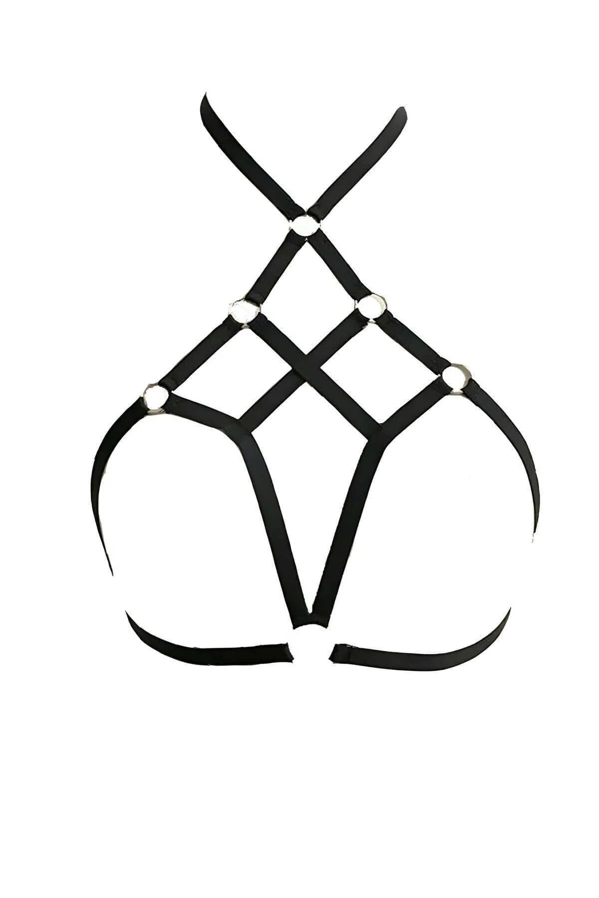 Close-up of gold zinc alloy O-rings at grid intersections on black elastic chest harness