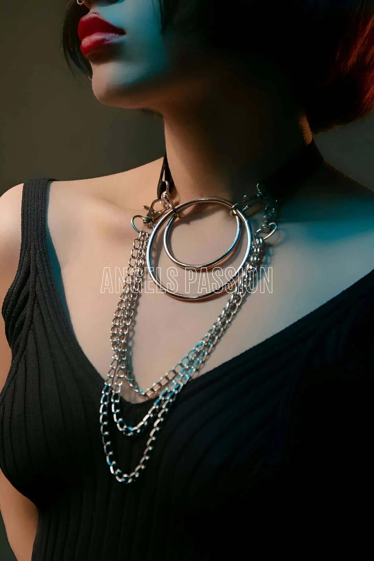 Side angle of black PU choker showing single-post back closure and silver chain drape length
