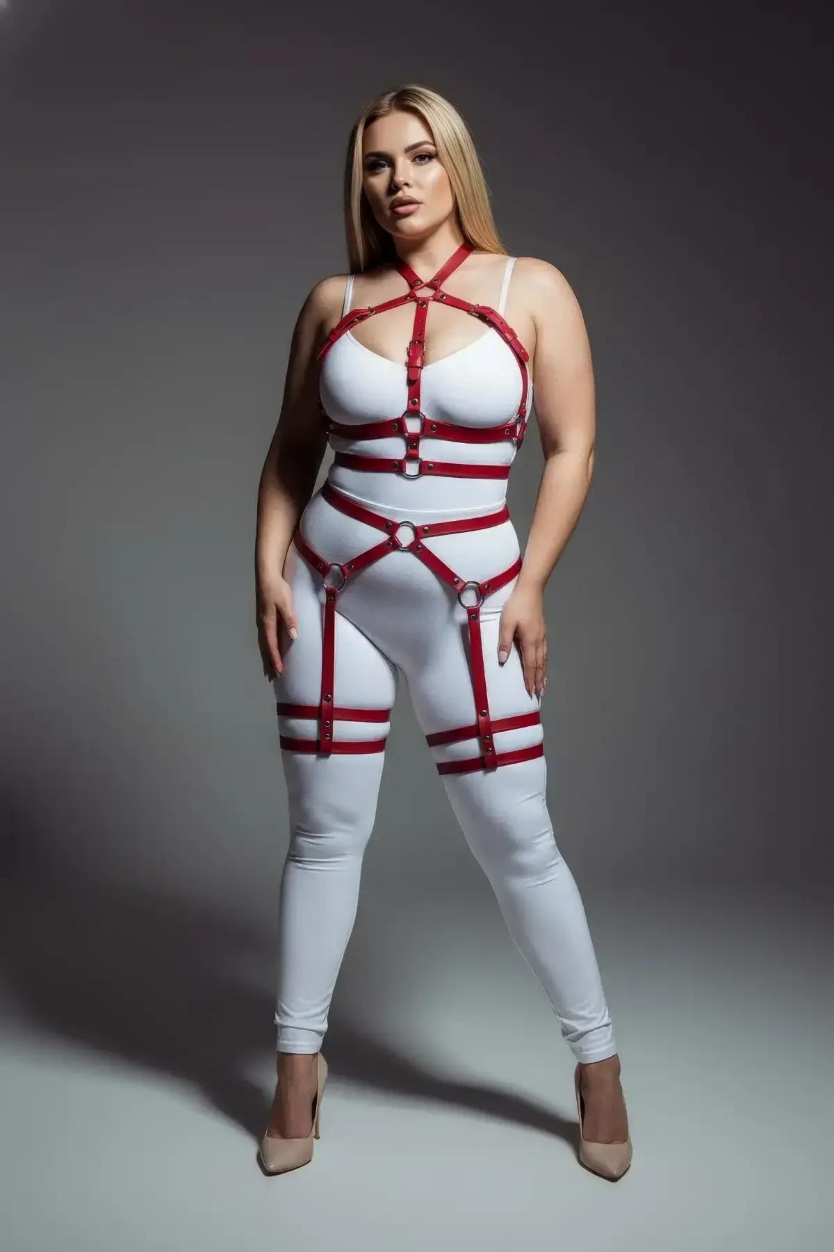 Kırmızı vegan deri harness uylu jartiyer bantları uyluk ortası uzunluk görünümü
