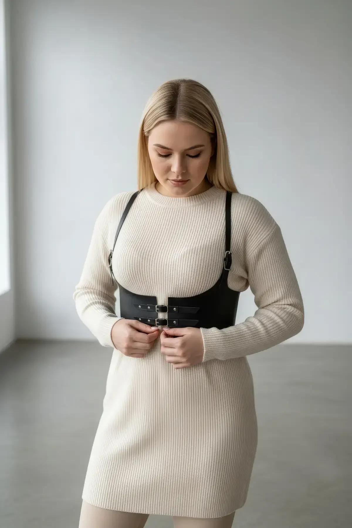 Büyük beden siyah kemer harness, göğüs paneli ve bel kayışı yan açıdan