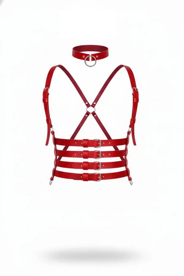 kırmızı vegan deri harness çapraz tasma gümüş O-ring ve üç tokalı bel bandı boyunluklu set