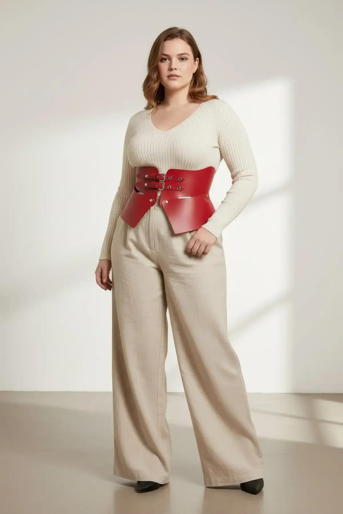 Claret Red Faux Leather Waist Cincher with Stud Details