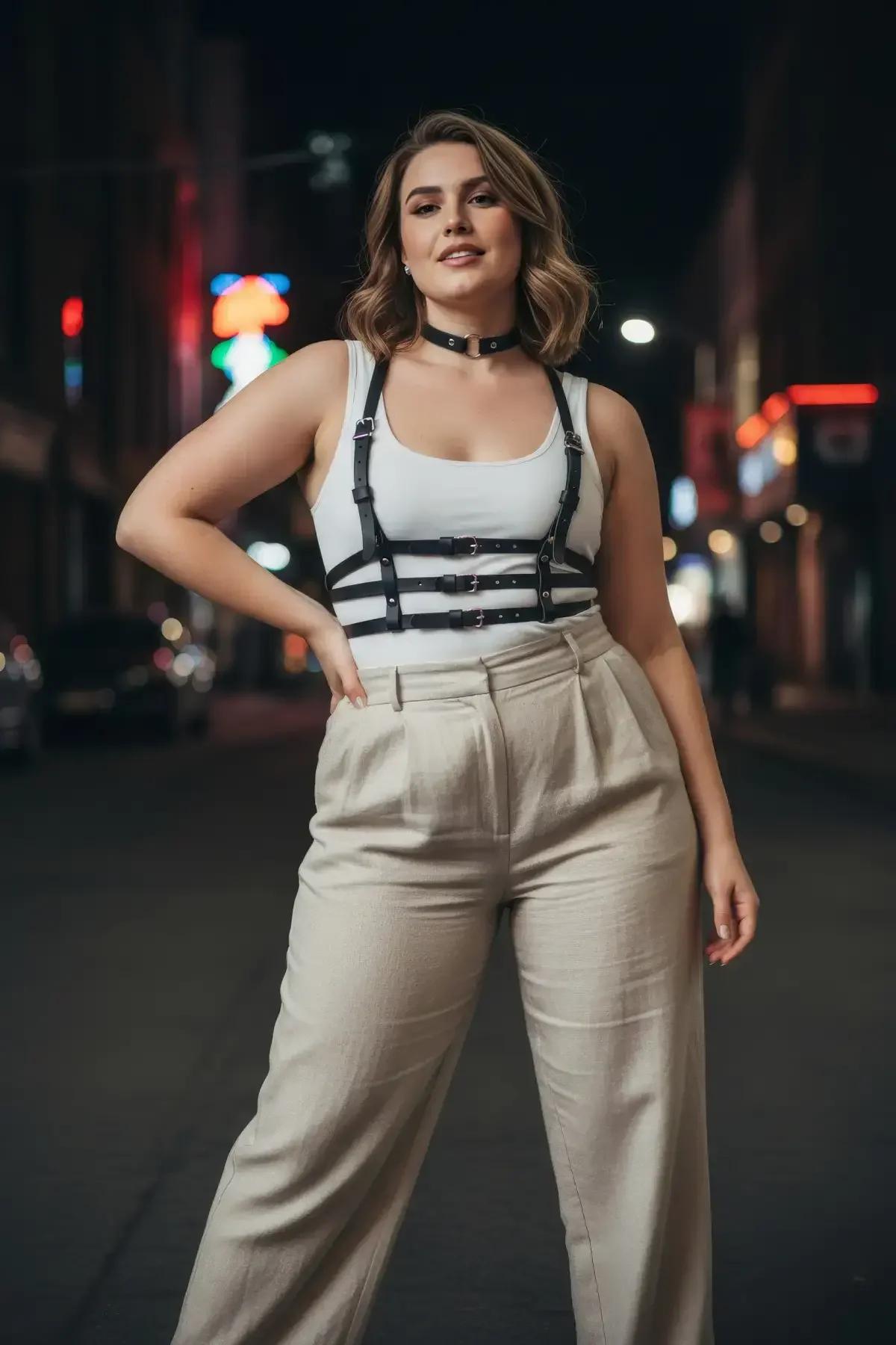 choker detaylı siyah deri harness boyun ve göğüs kayışları gümüş D-ring