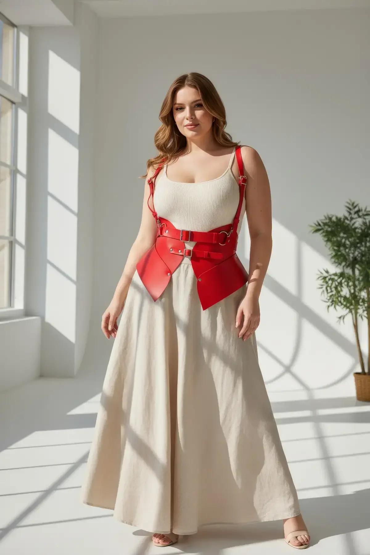 korse harness altın renkli D-halka ve perçin donanımı yakın çekim detay