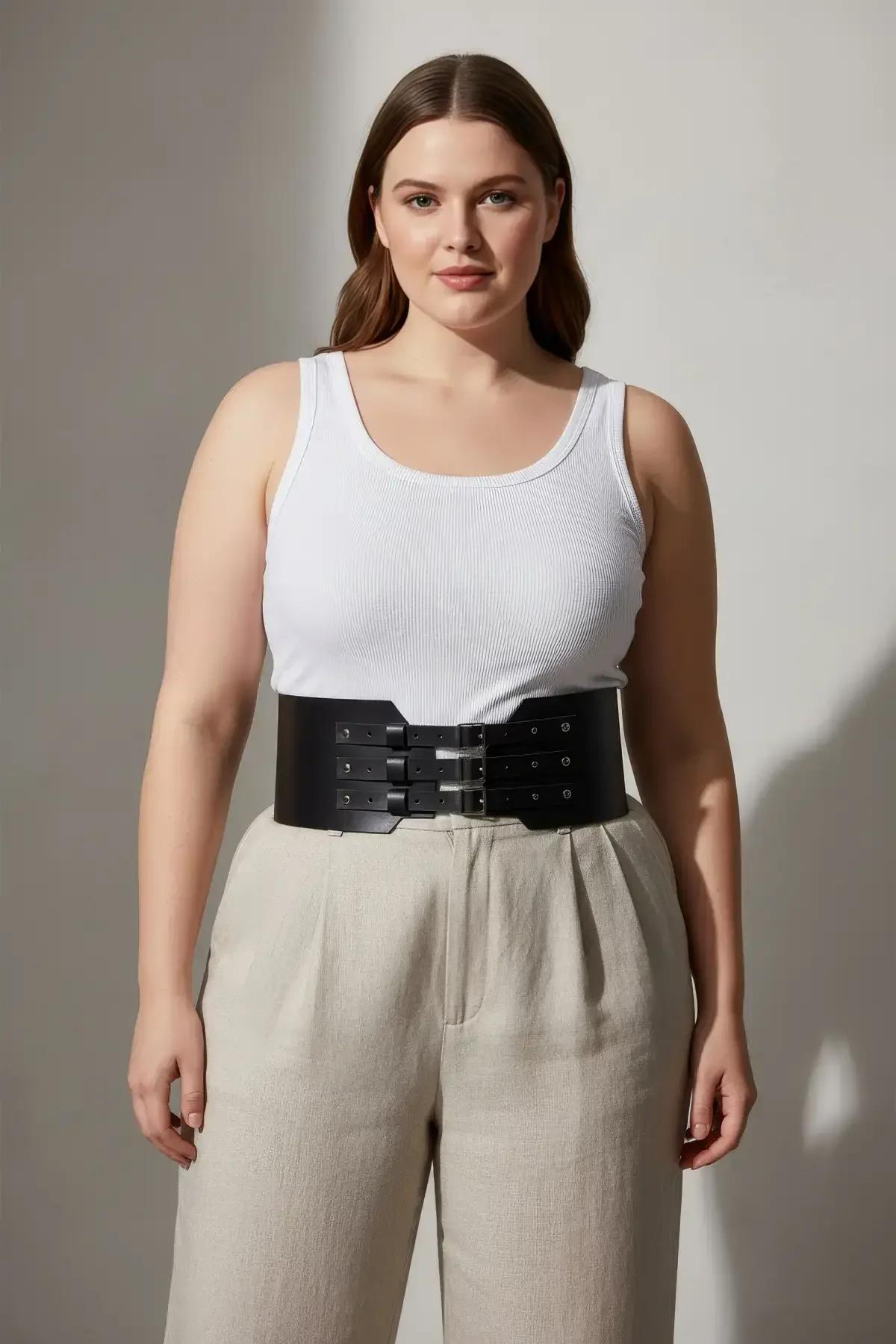 plus size siyah bel kemeri korse tarzı 10 cm genişlik arka açı görünüm