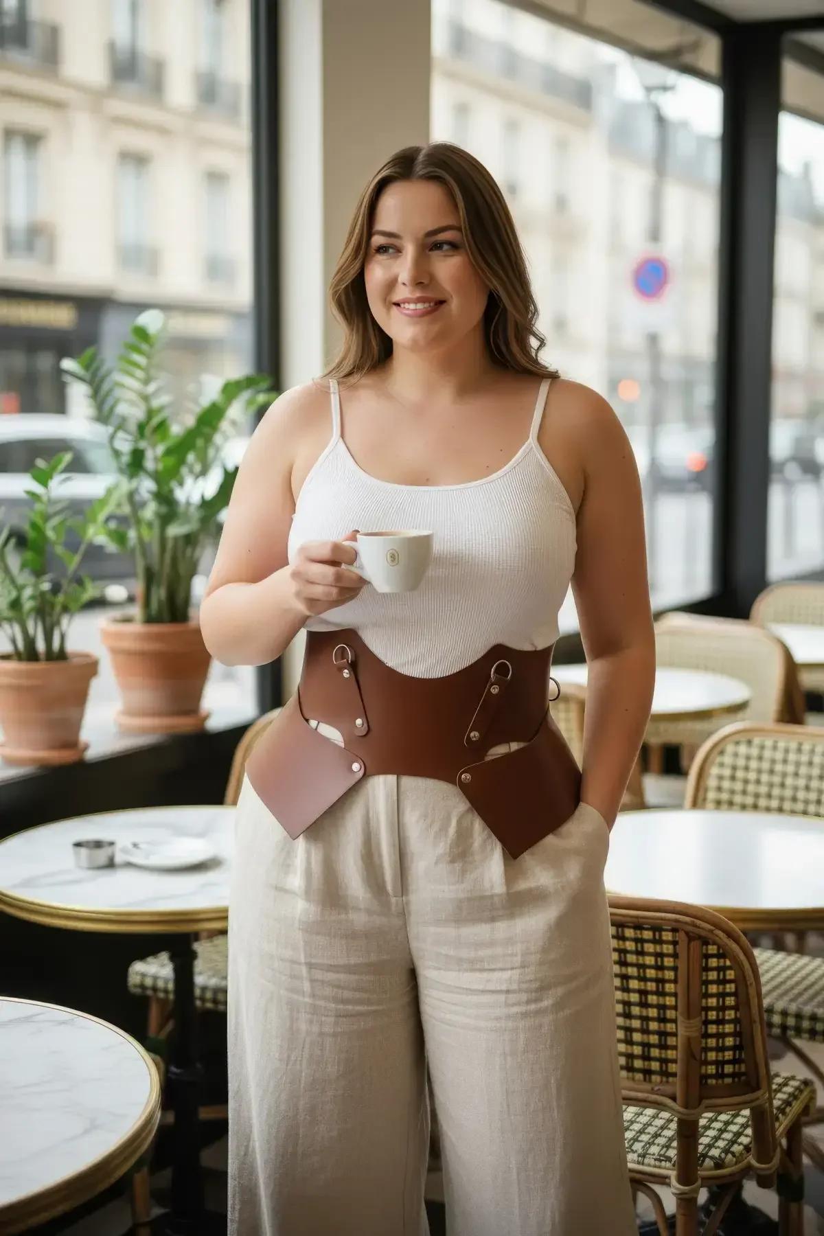 büyük beden taba vegan deri geniş korse kemer altın halka detaylı bel vurgulayıcı