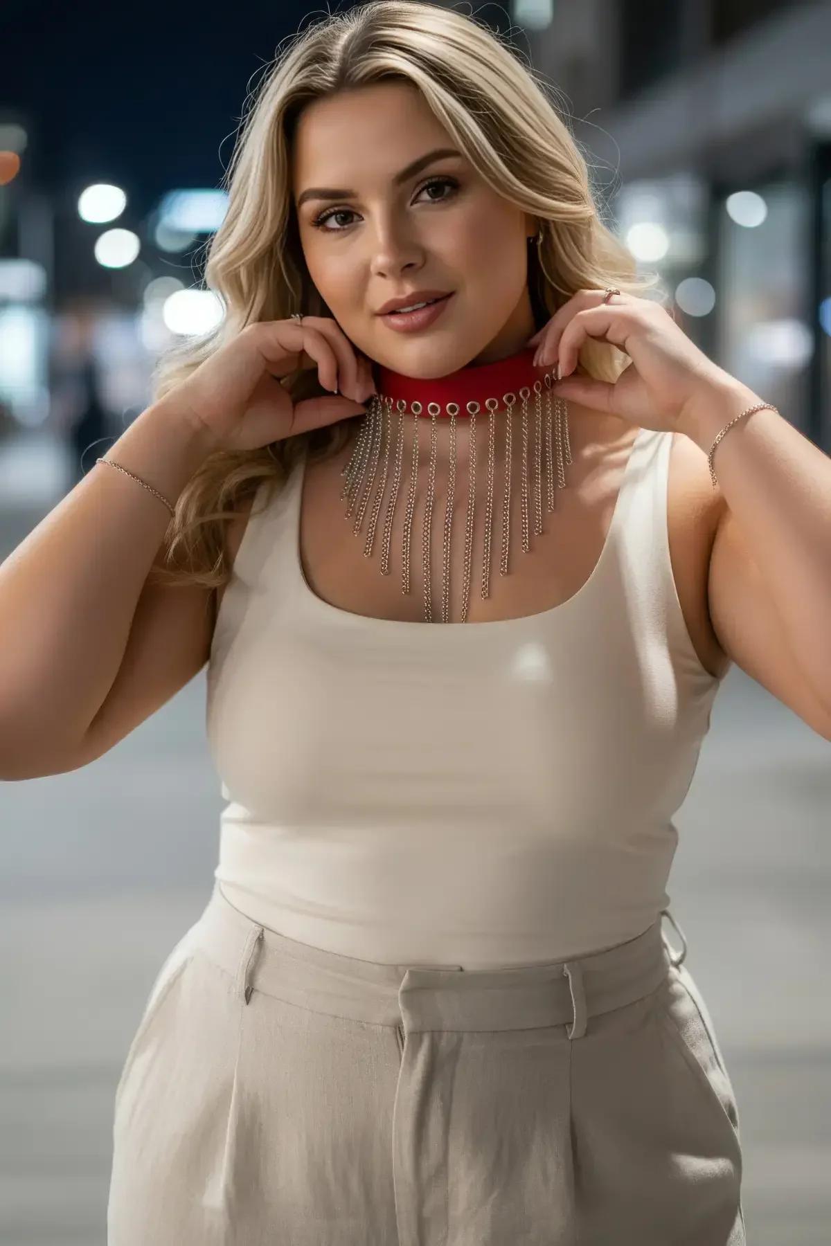 kırmızı deri choker zincir aksesuarı krem bluz kombini stil çekimi