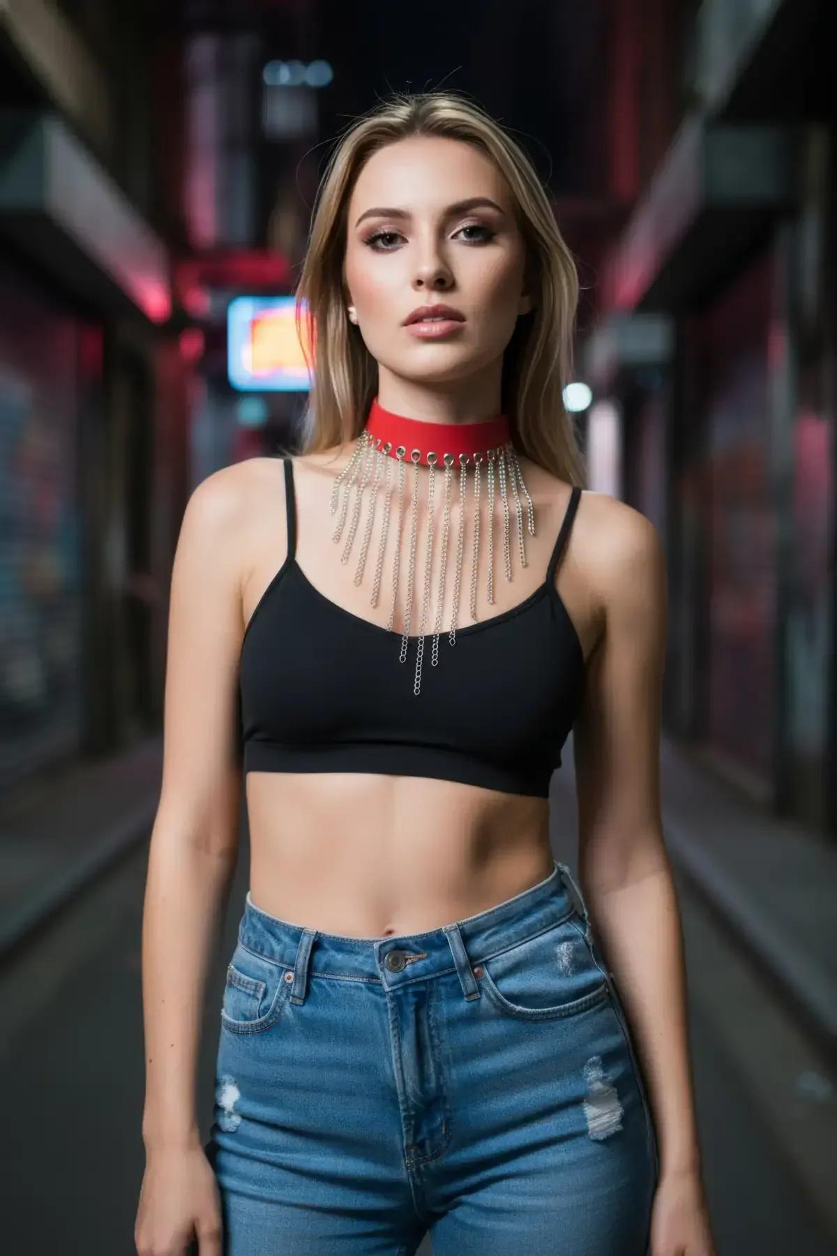 kırmızı choker zincir gerdanlık kopça detayı ve bant genişliği görünümü