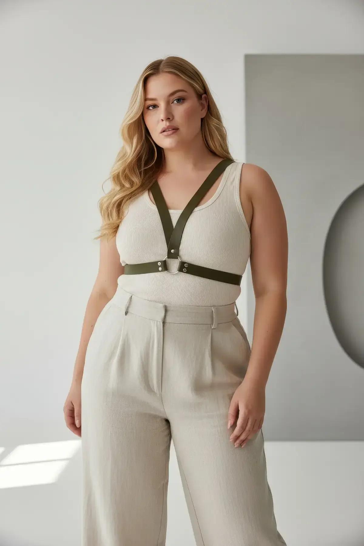 haki mat vegan deri harness şerit 2,5 cm genişlik altın çıtçıt toka yakın plan
