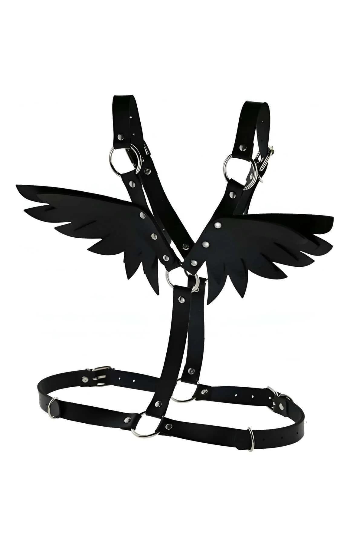 Back view of black strap harness showing three gold O-rings and adjustable waist buckles