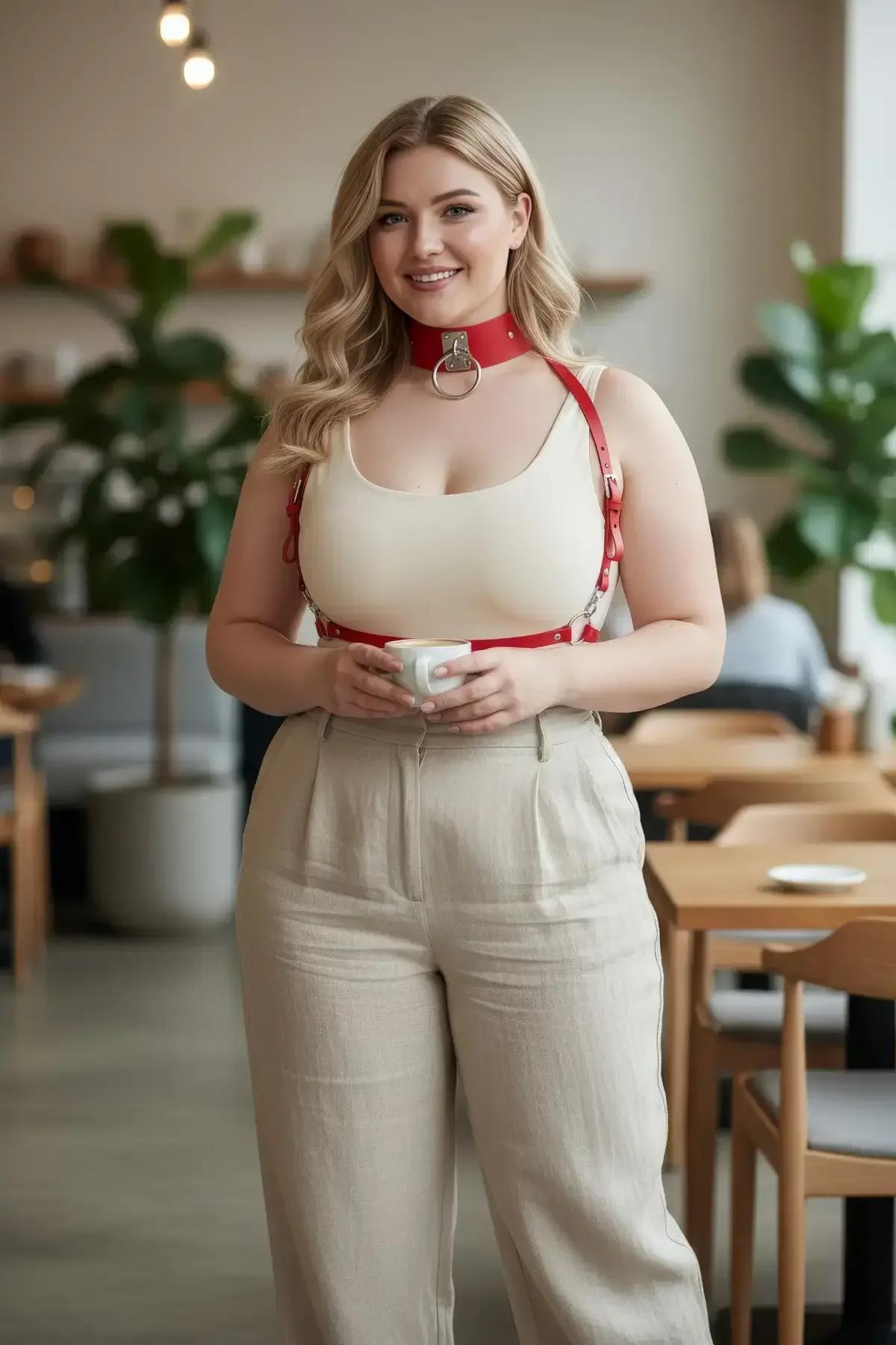 kırmızı vegan deri büyük beden harness kemer gümüş metal O-halka yaka ve bel bandı detaylı