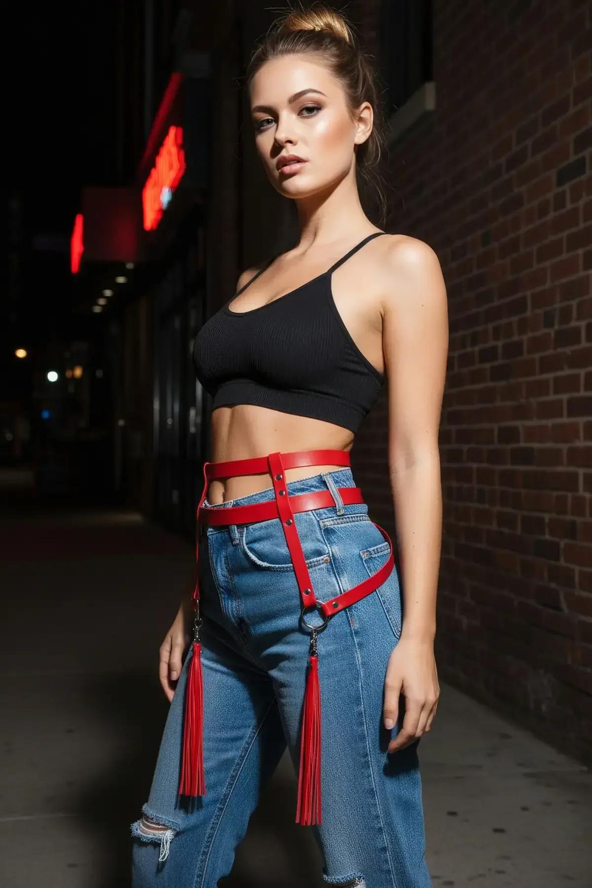 Kırmızı kemer siyah crop top ve açık mavi jean kombinasyonu sokak stili
