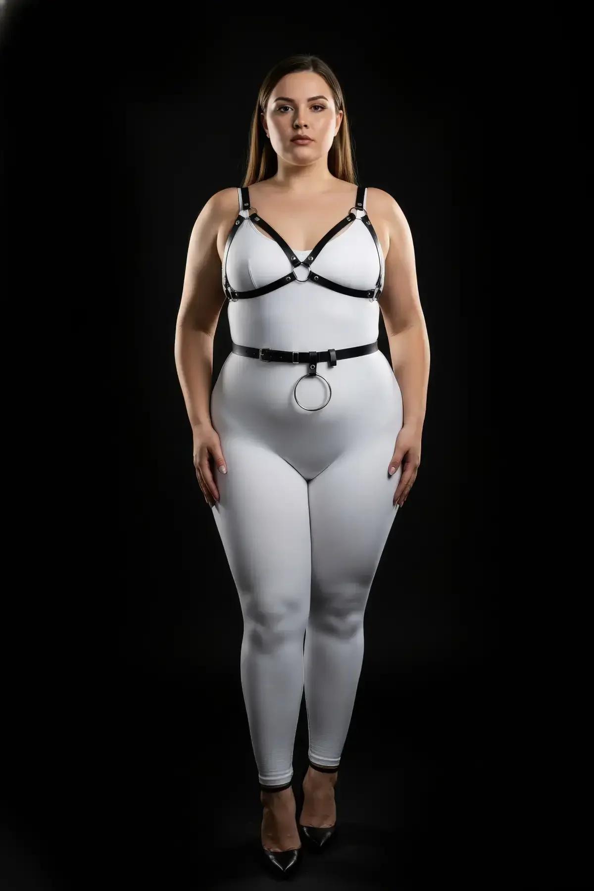 Büyük beden harness takım bel kemeri 8 cm gümüş O-halka ön görünüm