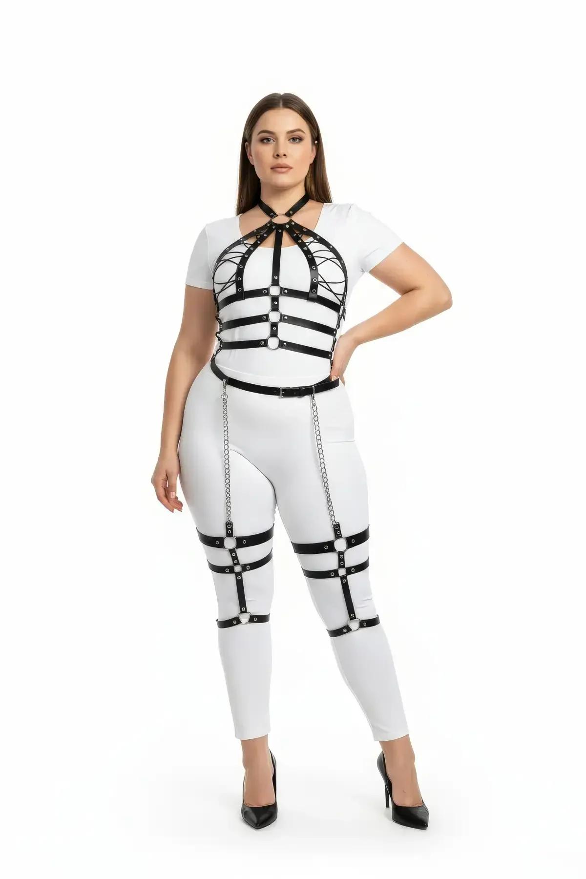 büyük beden siyah vegan deri full body harness takım gümüş zincir detaylı göğüs ve bacak bantlı