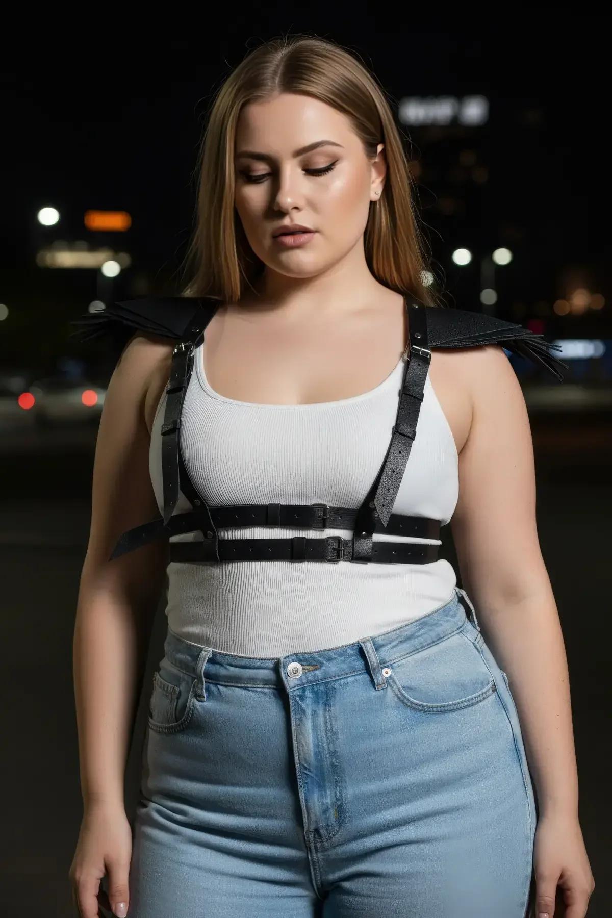 Büyük beden siyah deri vücut aksesuarı bej crop top üzerine kombini