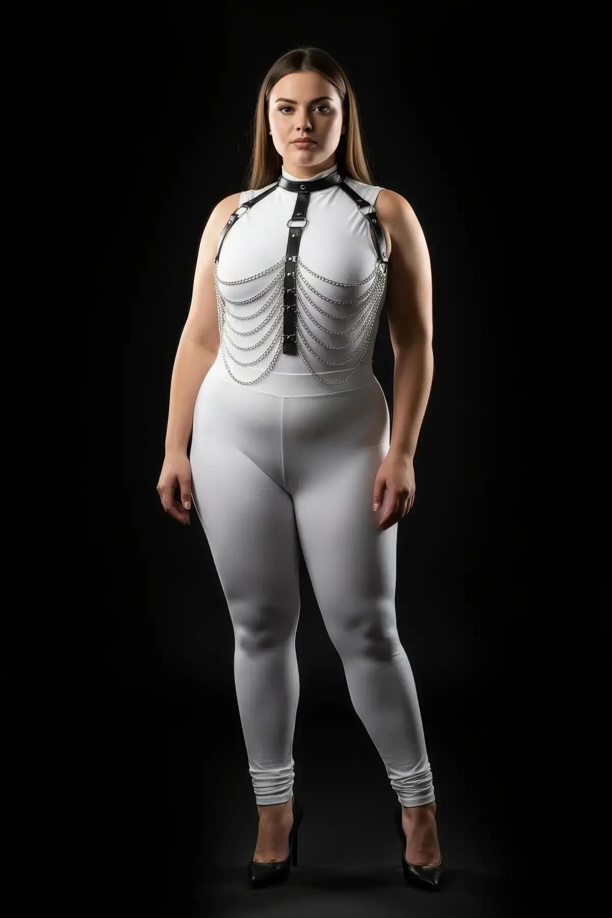 Çok katmanlı gümüş metal zincir sarkma detayı siyah deri harness yakın çekim