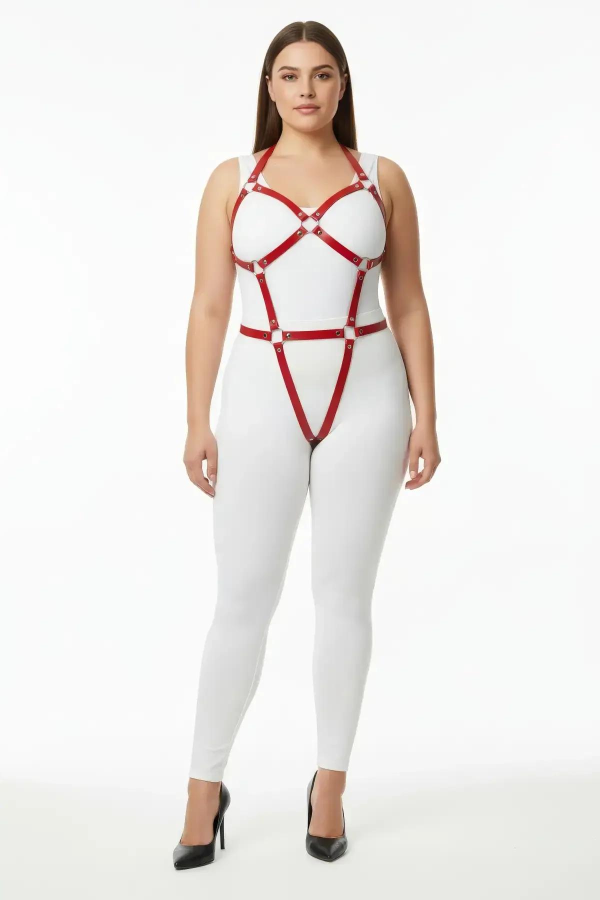 kırmızı PU deri harness büyük beden bel ve göğüs bandı altın metal toka detay