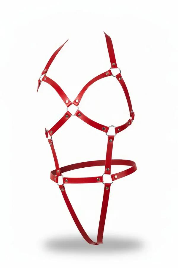 Kırmızı faux leather body harness gümüş O-ring halka detaylı çapraz göğüs kayışlı ve bel bantlı
