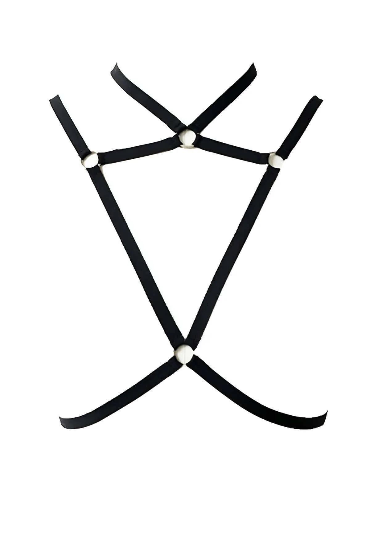 Front view of black elastic chest cage harness with three O-rings across the chest panel