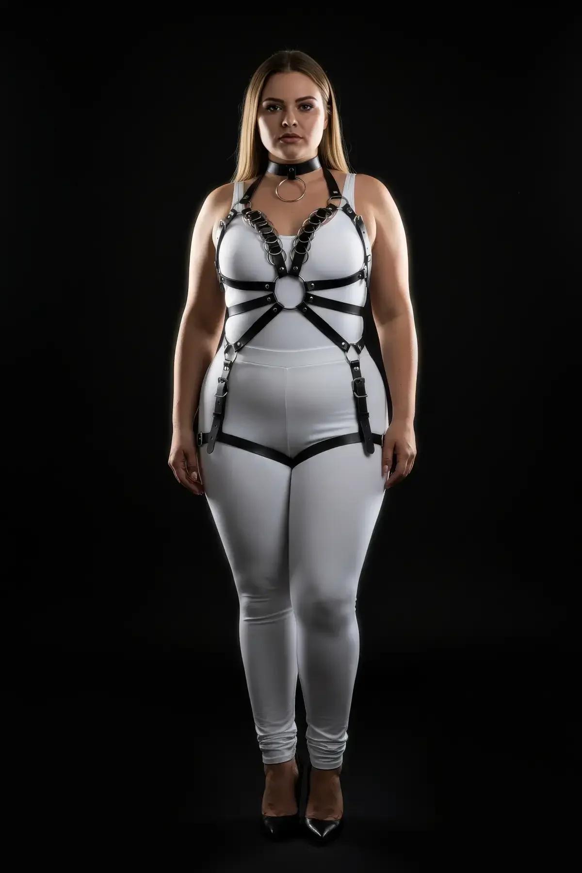 siyah vegan deri harness choker boyunluk ve göğüs bandı yakın çekim