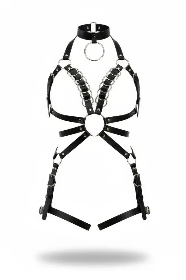 siyah vegan deri harness takım boyunluklu gümüş metal O-halka detaylı tek parça bant tasarım