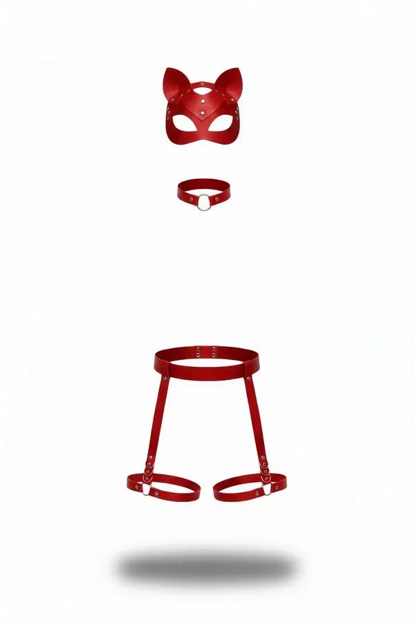 kırmızı faux leather harness takım kedi maskesi O-halkalı boyunluk bacak harness gümüş donanımlı 3 parçalı set