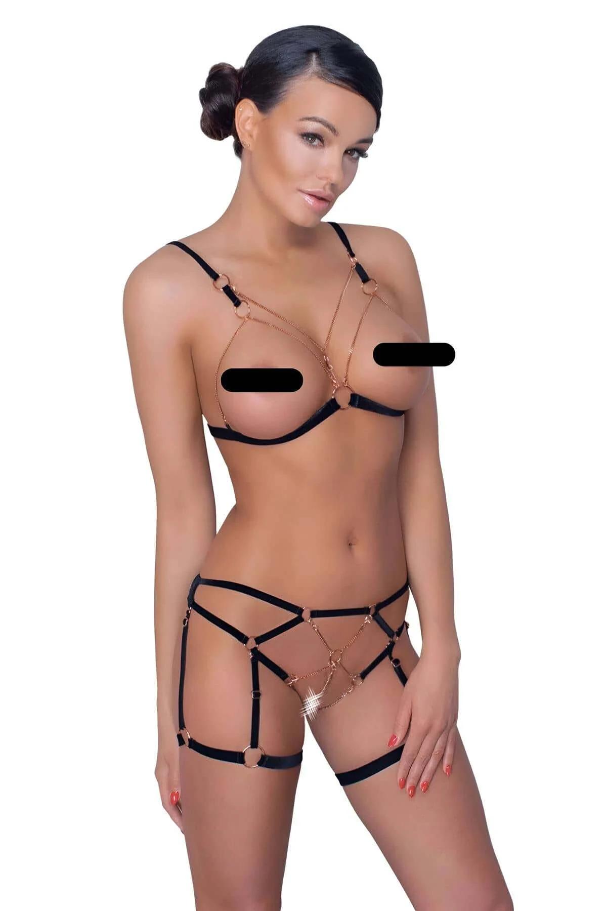 Black multi-strap garter belt with gold chain loops and four suspender clips, front view