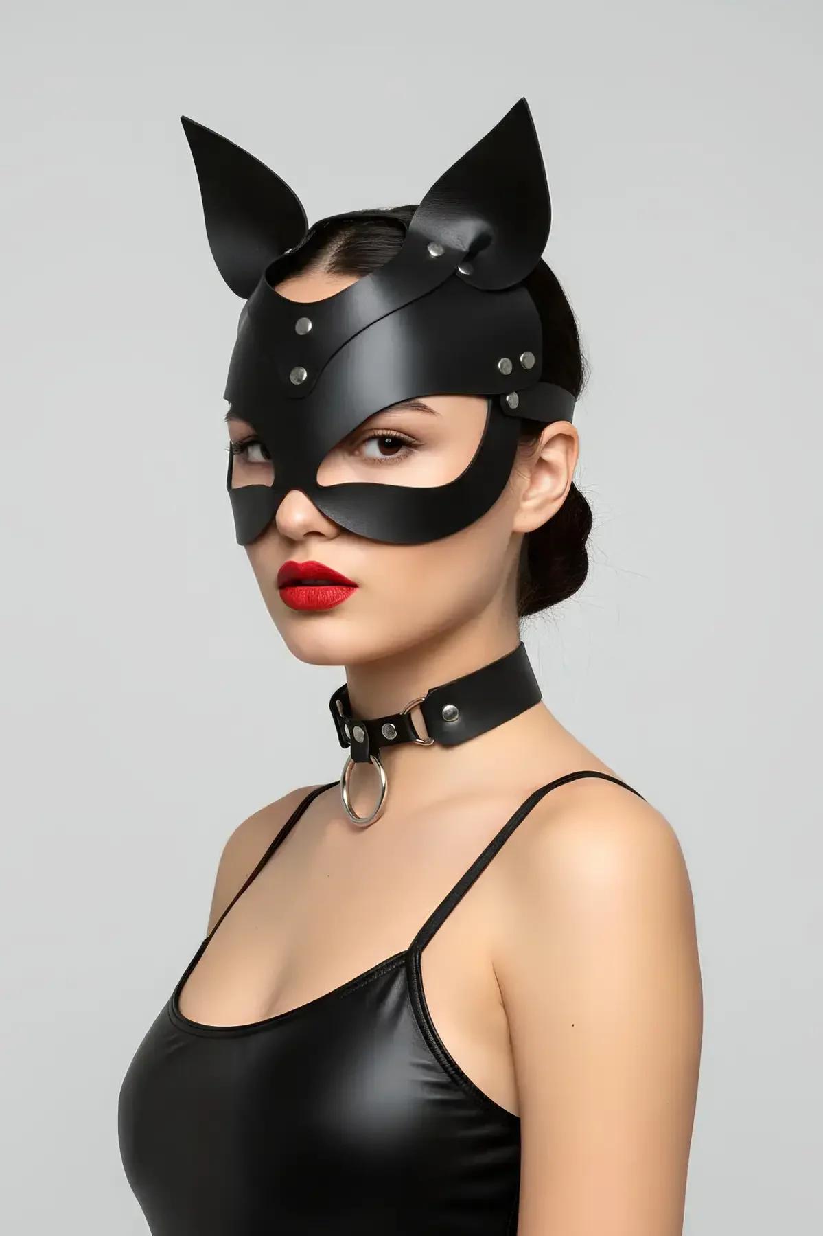 Faux Leather Cat Mask with Stand-Up Ears & Choker