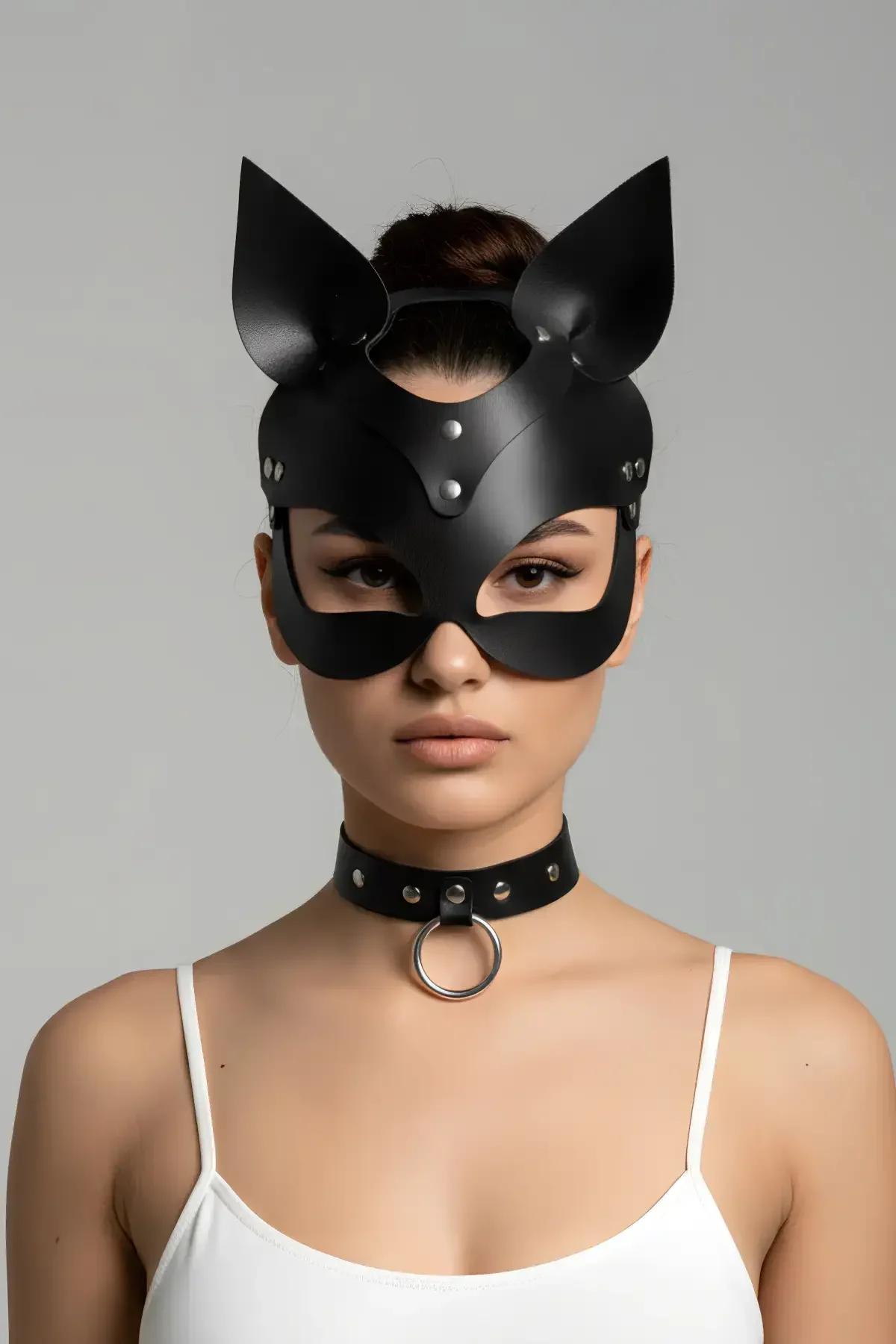 Faux Leather Cat Mask with Stand-Up Ears & Choker