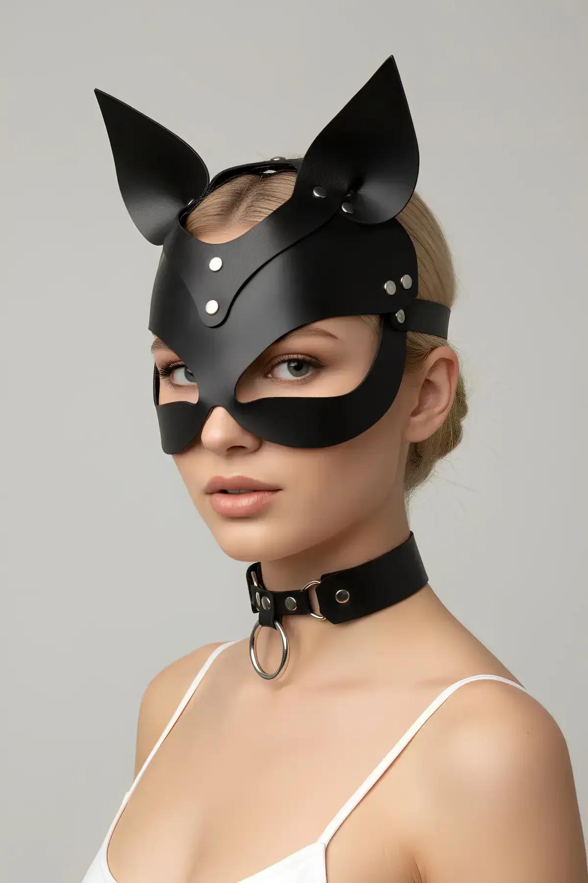 Faux Leather Cat Mask with Stand-Up Ears & Choker